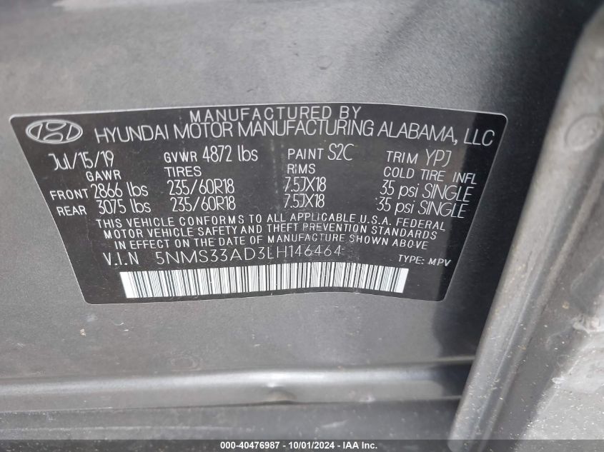 5NMS33AD3LH146464 2020 Hyundai Santa Fe Sel