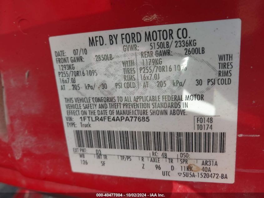 1FTLR4FE4ATA77685 2010 Ford Ranger Sport/Xlt