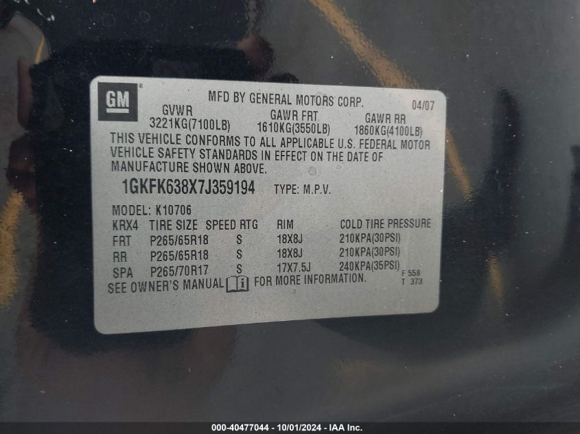 2007 GMC Yukon Denali VIN: 1GKFK638X7J359194 Lot: 40477044