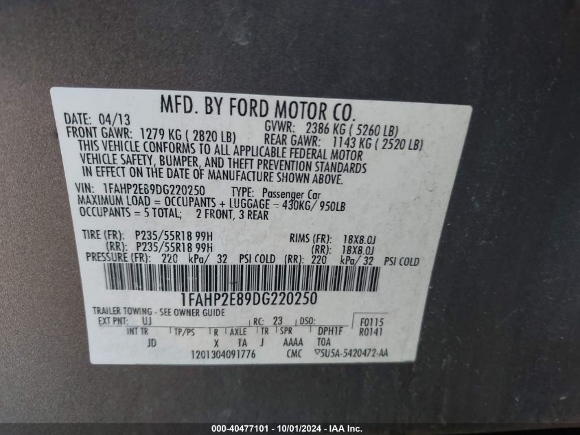 1FAHP2E89DG220250 2013 Ford Taurus Sel