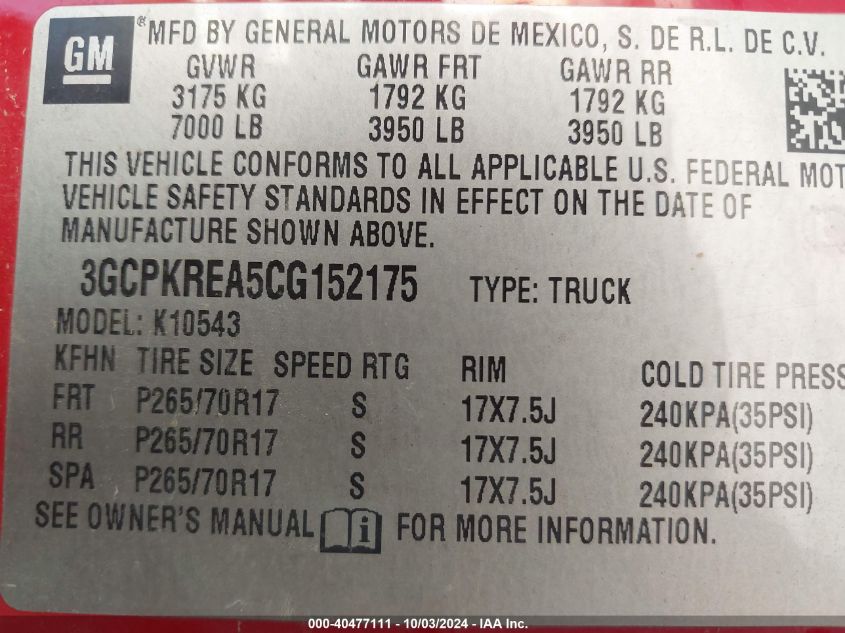 3GCPKREA5CG152175 2012 Chevrolet Silverado 1500 Ls