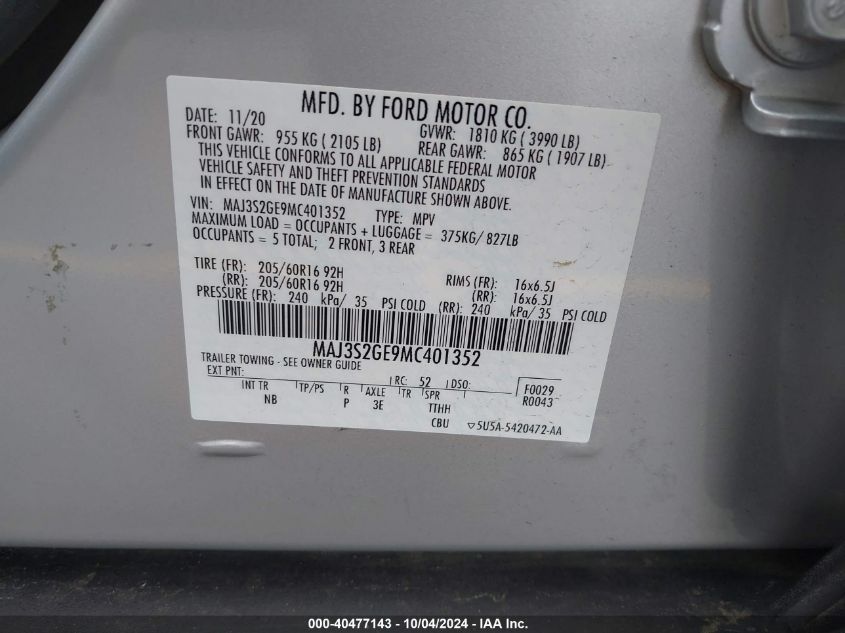 2021 Ford Ecosport Se VIN: MAJ3S2GE9MC401352 Lot: 40477143