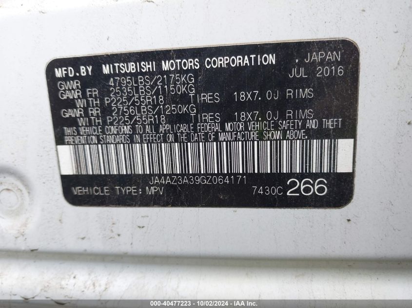 2016 Mitsubishi Outlander Sel VIN: JA4AZ3A39GZ064171 Lot: 40477223