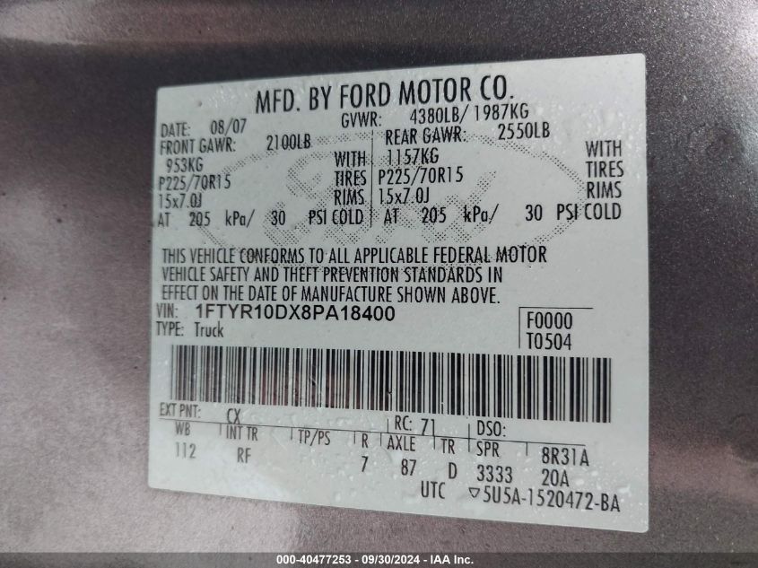 1FTYR10DX8PA18400 2008 Ford Ranger Xl/Xlt