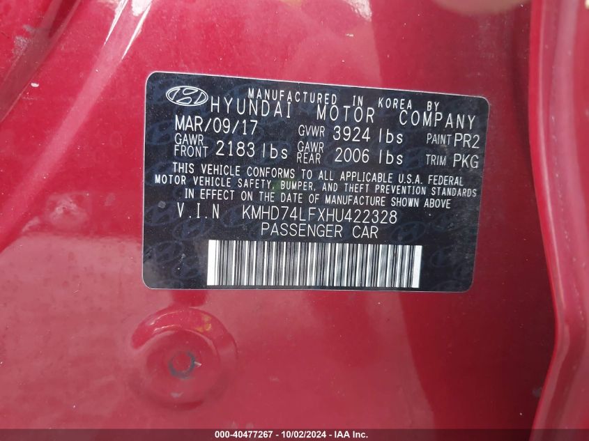 VIN KMHD74LFXHU422328 2017 HYUNDAI ELANTRA SE