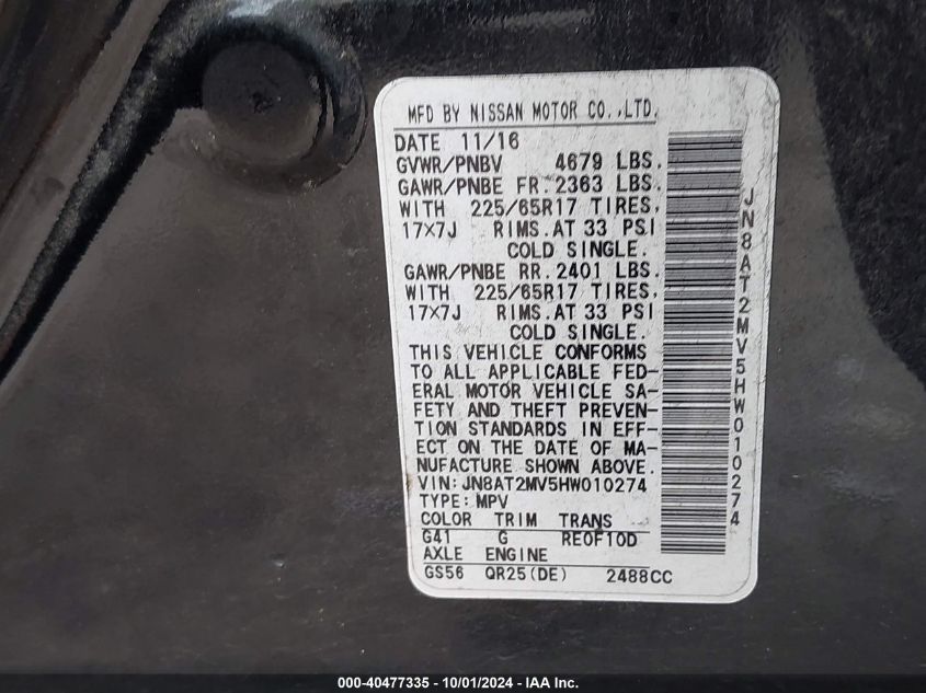 2017 Nissan Rogue S VIN: JN8AT2MV5HW010274 Lot: 40477335