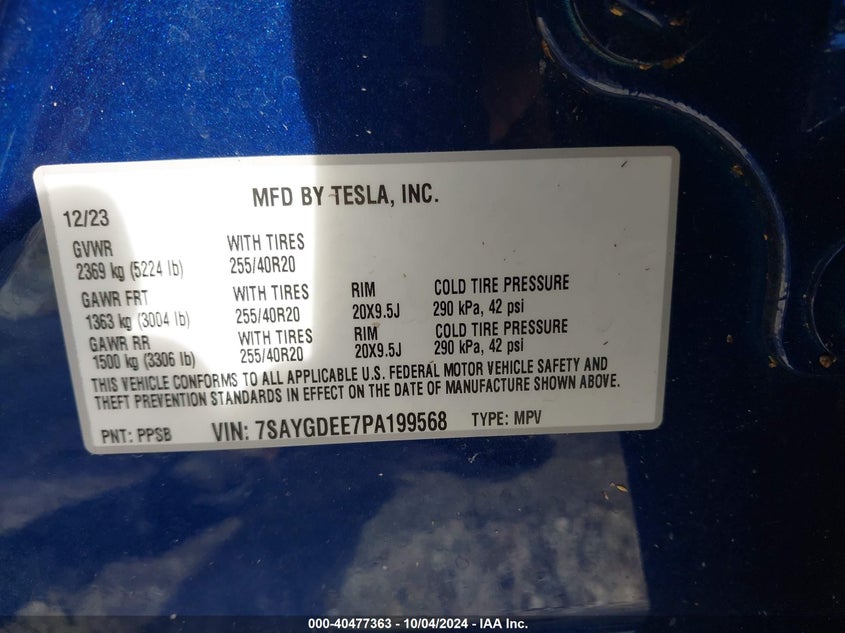 VIN 7SAYGDEE7PA199568 2023 TESLA MODEL Y AWD/LONG RANGE DUAL MOTOR ALL-WHEEL DRIVE