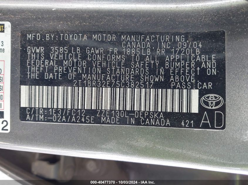 2005 Toyota Corolla S VIN: 2T1BR32E75C382517 Lot: 40477370