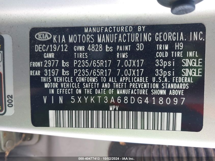 5XYKT3A68DG418097 2013 Kia Sorento Lx