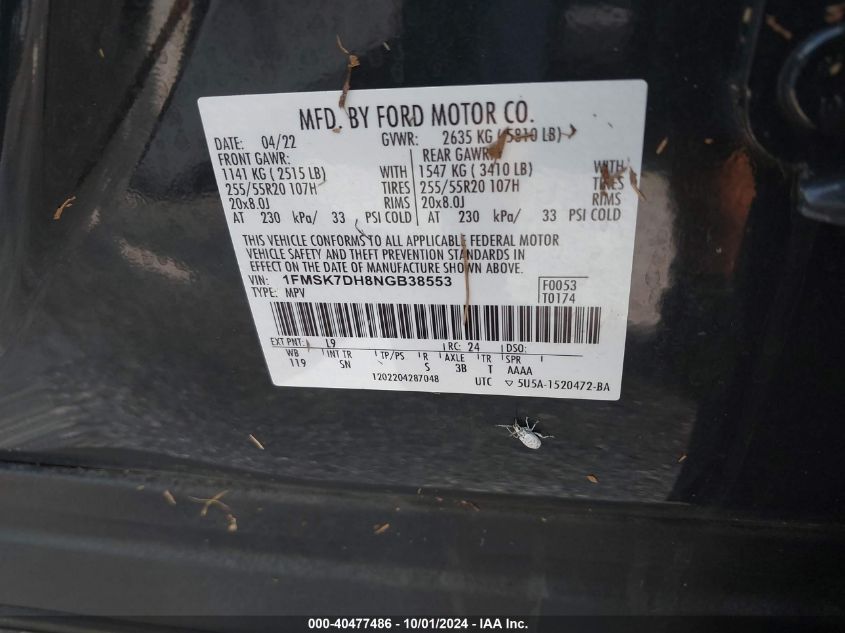 1FMSK7DH8NGB38553 2022 Ford Explorer Xlt