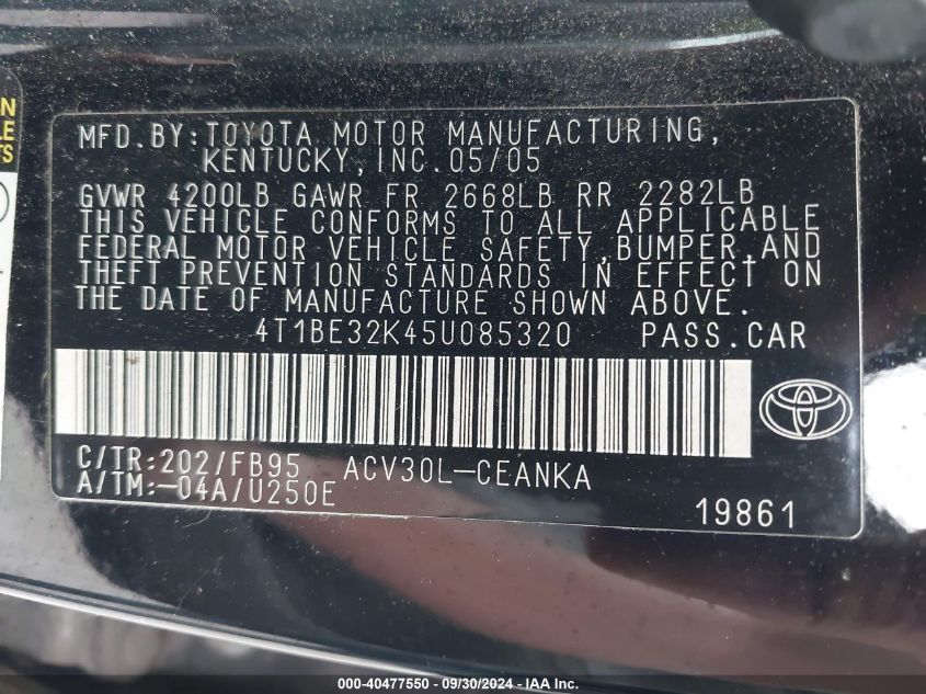 4T1BE32K45U085320 2005 Toyota Camry Std