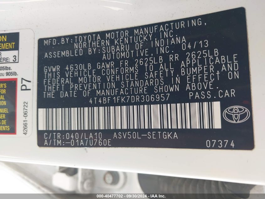 4T4BF1FK7DR306957 2013 Toyota Camry Xle