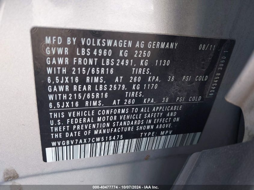 WVGBV7AX7CW515475 2012 Volkswagen Tiguan S/Se/Sel