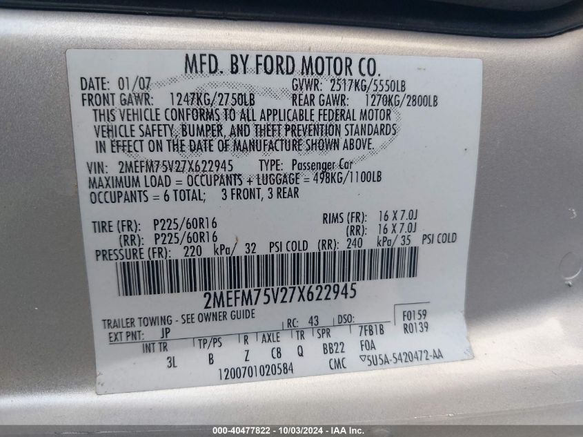 2MEFM75V27X622945 2007 Mercury Grand Marquis Ls