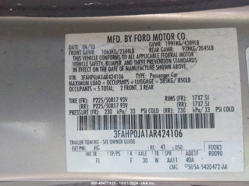 2010 Ford Fusion Sel VIN: 3FAHP0JA1AR424106 Lot: 40477913