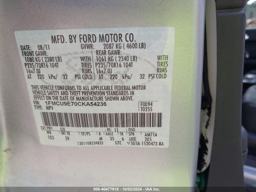 1FMCU9E70CKA54236 2012 Ford Escape Limited