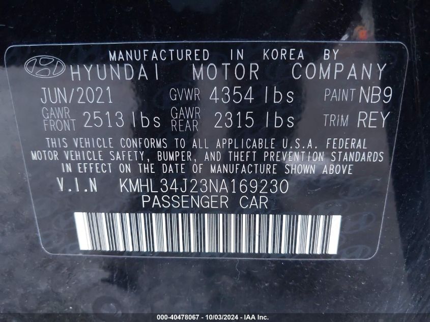 2022 Hyundai Sonata Limited VIN: KMHL34J23NA169230 Lot: 40478067