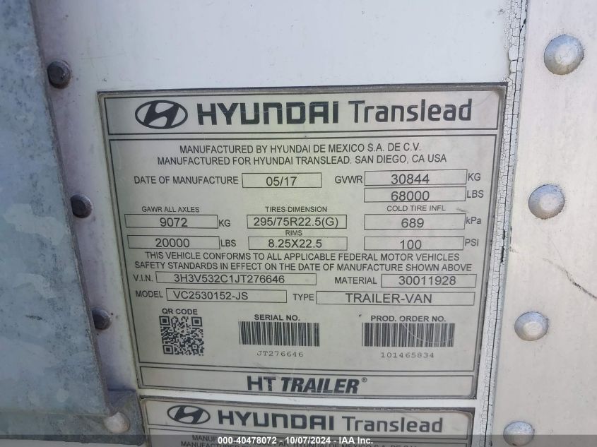 2018 Hyundai Translead VIN: 3H3V532C1JT276646 Lot: 40478072