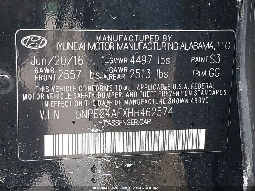 5NPE24AFXHH462574 2017 Hyundai Sonata Se