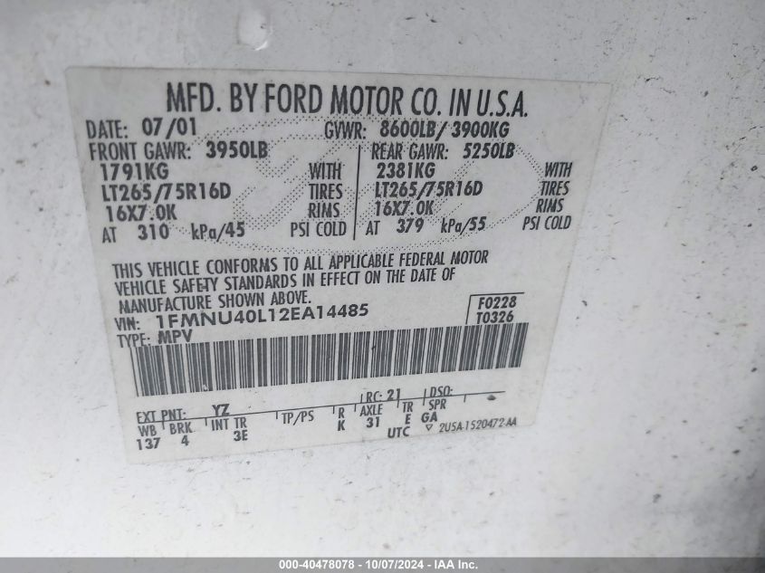 1FMNU40L12EA14485 2002 Ford Excursion Xlt