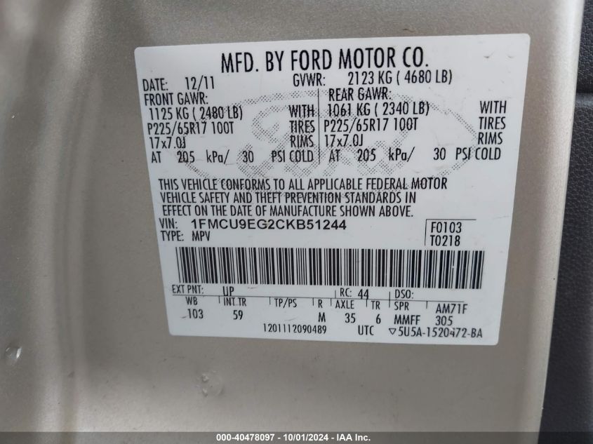 1FMCU9EG2CKB51244 2012 Ford Escape Limited