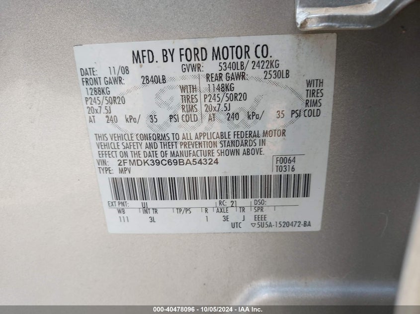 2009 Ford Edge Limited VIN: 2FMDK39C69BA54324 Lot: 40478096