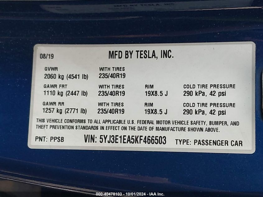 5YJ3E1EA5KF466503 2019 Tesla Model 3