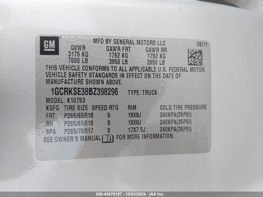 1GCRKSE38BZ398296 2011 Chevrolet Silverado 1500 Lt