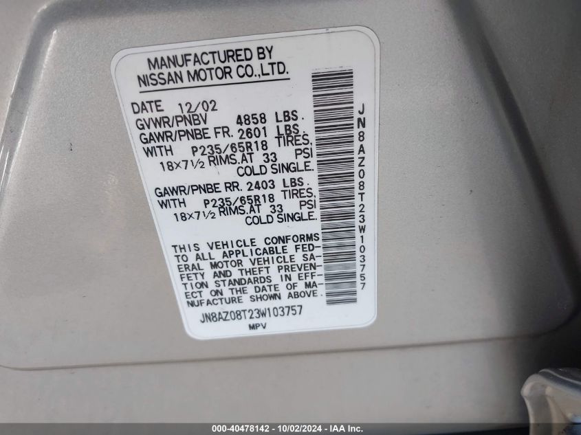 JN8AZ08T23W103757 2003 Nissan Murano Sl