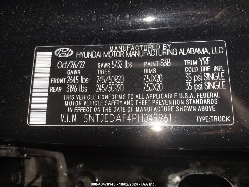 2023 Hyundai Santa Cruz Limited VIN: 5NTJEDAF4PH049961 Lot: 40478145