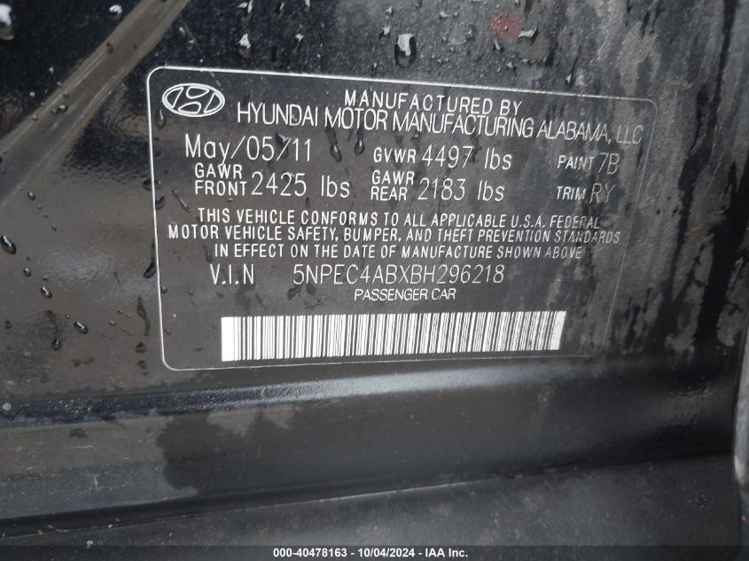 5NPEC4ABXBH296218 2011 Hyundai Sonata Limited 2.0T