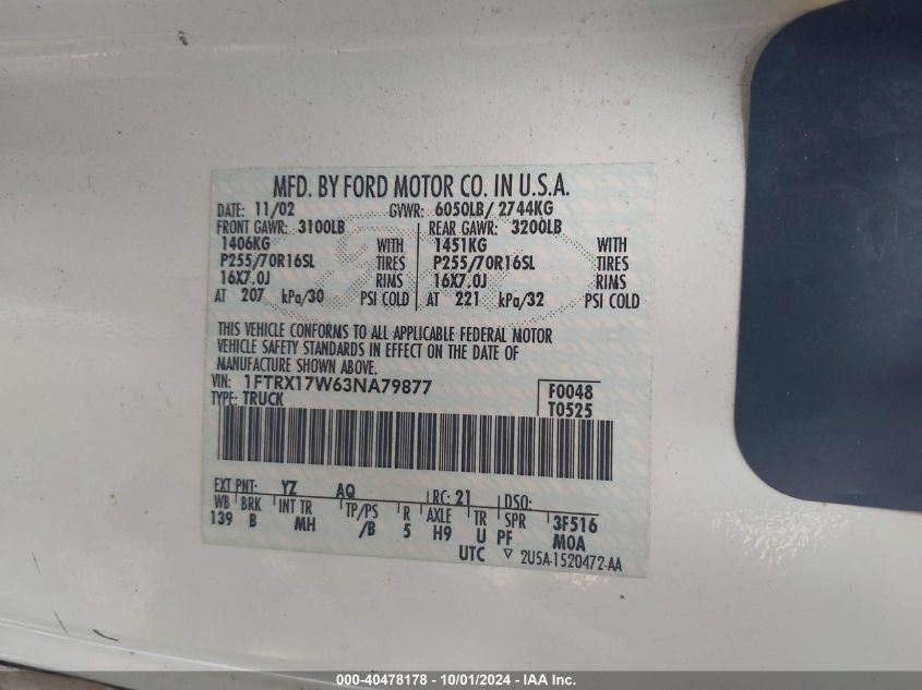 2003 Ford F-150 Lariat/Xl/Xlt VIN: 1FTRX17W63NA79877 Lot: 40478178