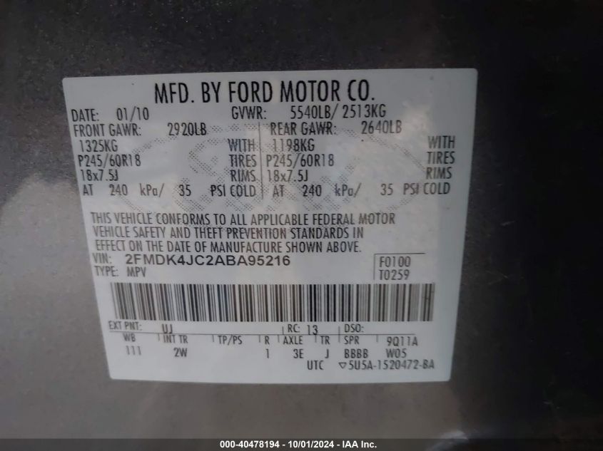 2FMDK4JC2ABA95216 2010 Ford Edge Sel