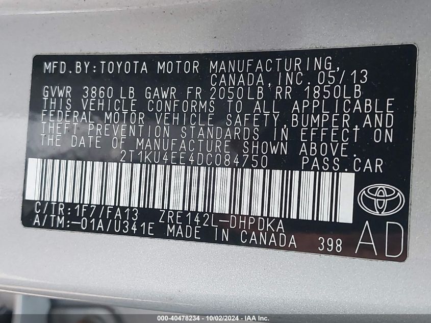 2T1KU4EE4DC084750 2013 Toyota Matrix L