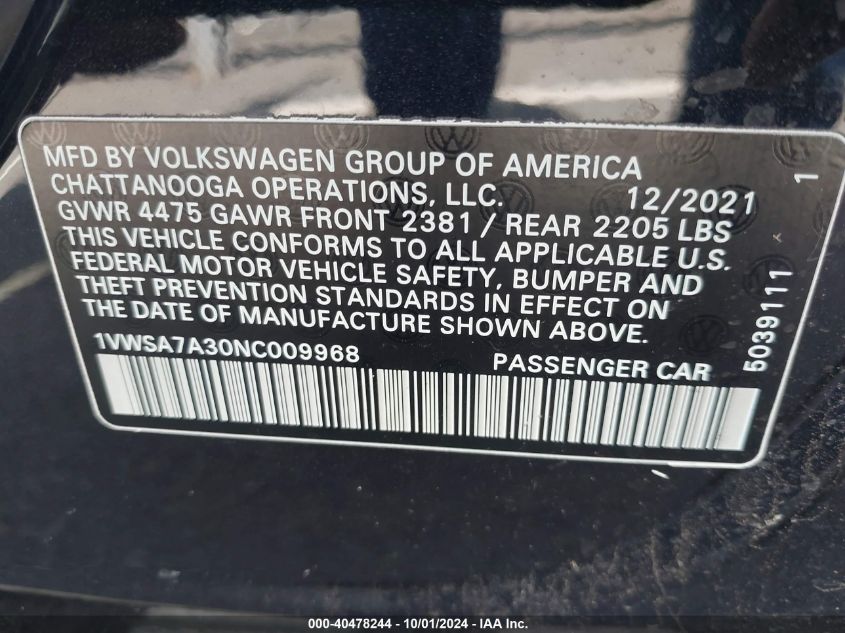 1VWSA7A30NC009968 2022 Volkswagen Passat 2.0T Se