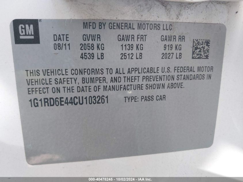 1G1RD6E44CU103261 2012 Chevrolet Volt