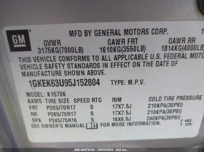 2005 GMC Yukon Denali VIN: 1GKEK63U95J152804 Lot: 40478335