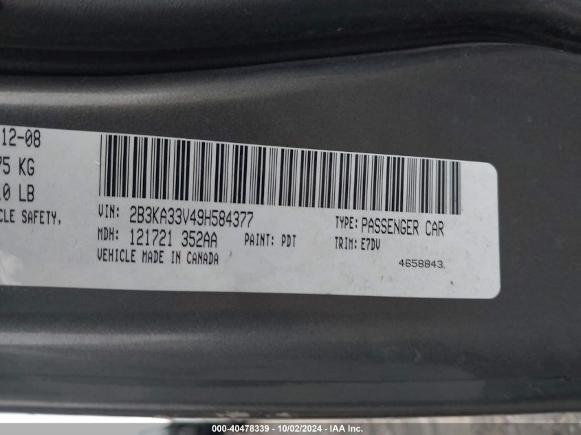 2B3KA33V49H584377 2009 Dodge Charger Sxt