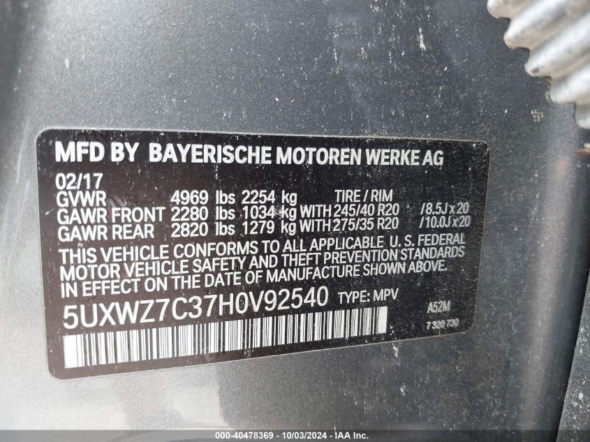 VIN 5UXWZ7C37H0V92540 2017 BMW X3, Sdrive28I no.9