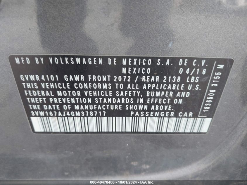 3VW167AJ4GM378717 2016 Volkswagen Jetta S