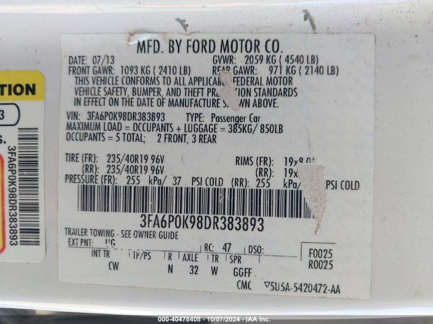 3FA6P0K98DR383893 2013 Ford Fusion Titanium