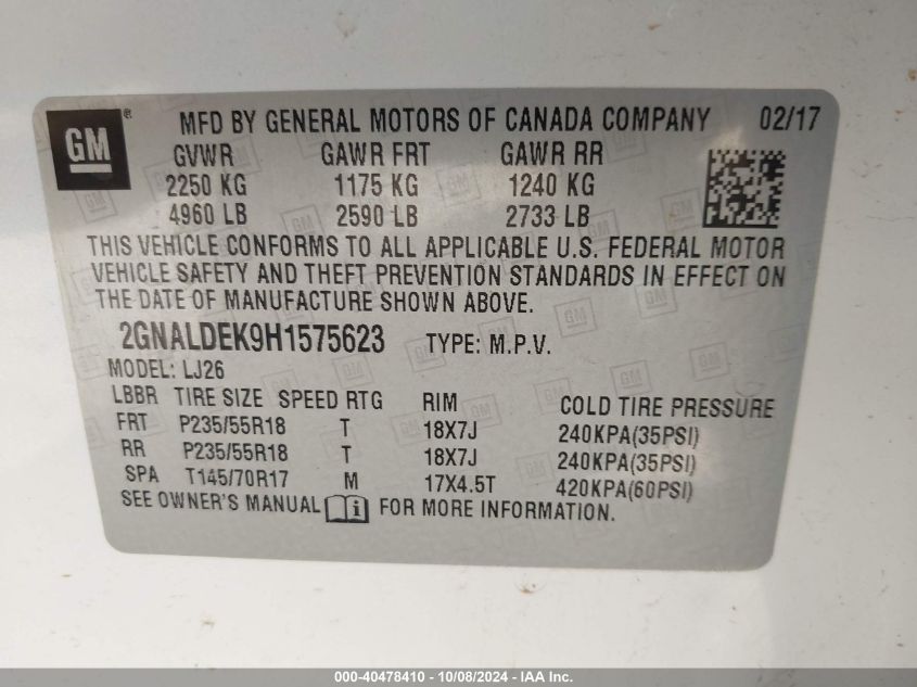 2GNALDEK9H1575623 2017 Chevrolet Equinox Premier