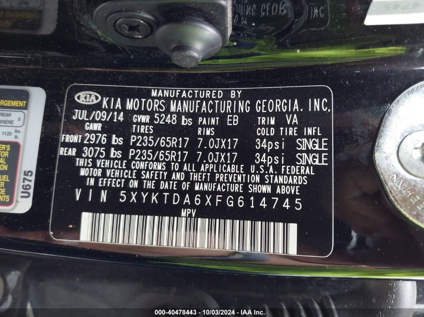 5XYKTDA6XFG614745 2015 Kia Sorento Lx