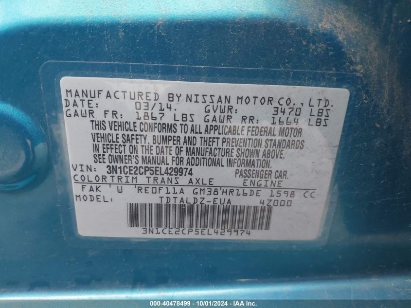 3N1CE2CP5EL429974 2014 Nissan Versa Note S/S Plus/Sv/Sl