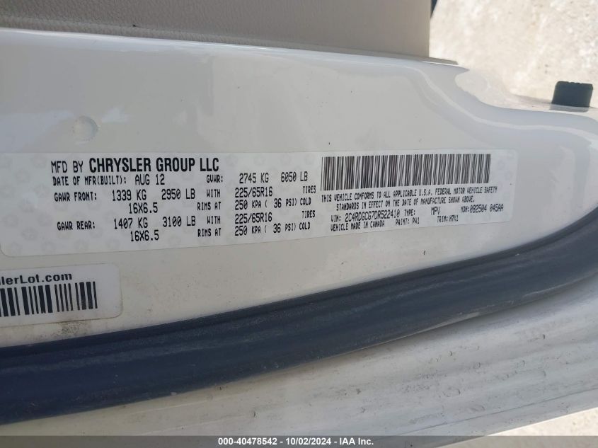 2013 Dodge Grand Caravan Sxt VIN: 2C4RDGCG7DR522410 Lot: 40478542