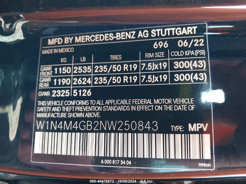 VIN W1N4M4GB2NW250843 2022 Mercedes-Benz GLB-Class,... no.9