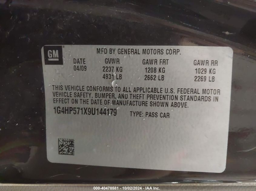 2009 Buick Lucerne Cx-2 VIN: 1G4HP571X9U144179 Lot: 40478581