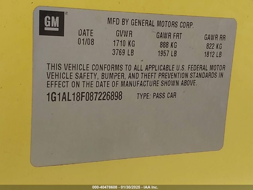 2008 Chevrolet Cobalt Lt VIN: 1G1AL18F087226898 Lot: 40478608