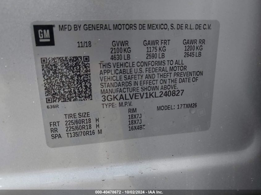 3GKALVEV1KL240827 2019 GMC Terrain Slt