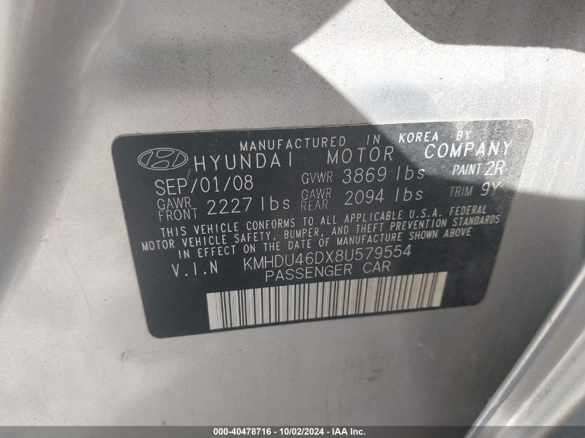 2008 Hyundai Elantra Gls/Se VIN: KMHDU46DX8U579554 Lot: 40478716